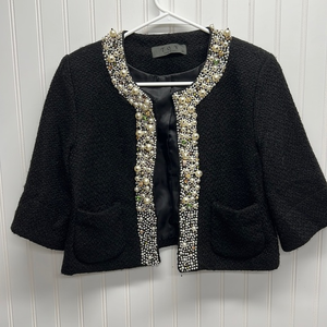 TOV Holy Black Boucle Wool Beaded and Jeweled Crop Jacket Sz 38/S